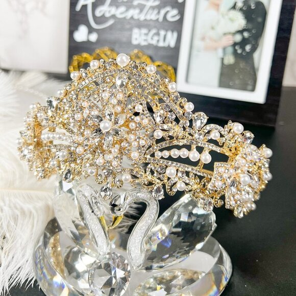 Bridal Pearl Tiara, Gold Rhinestone Crown, Wedding Headband, Birthday Gift